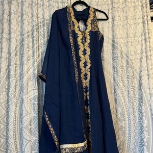Womens Indian Pakistani Anarkali Suit Kurta Gown Navy Blue and Gold Size 40
